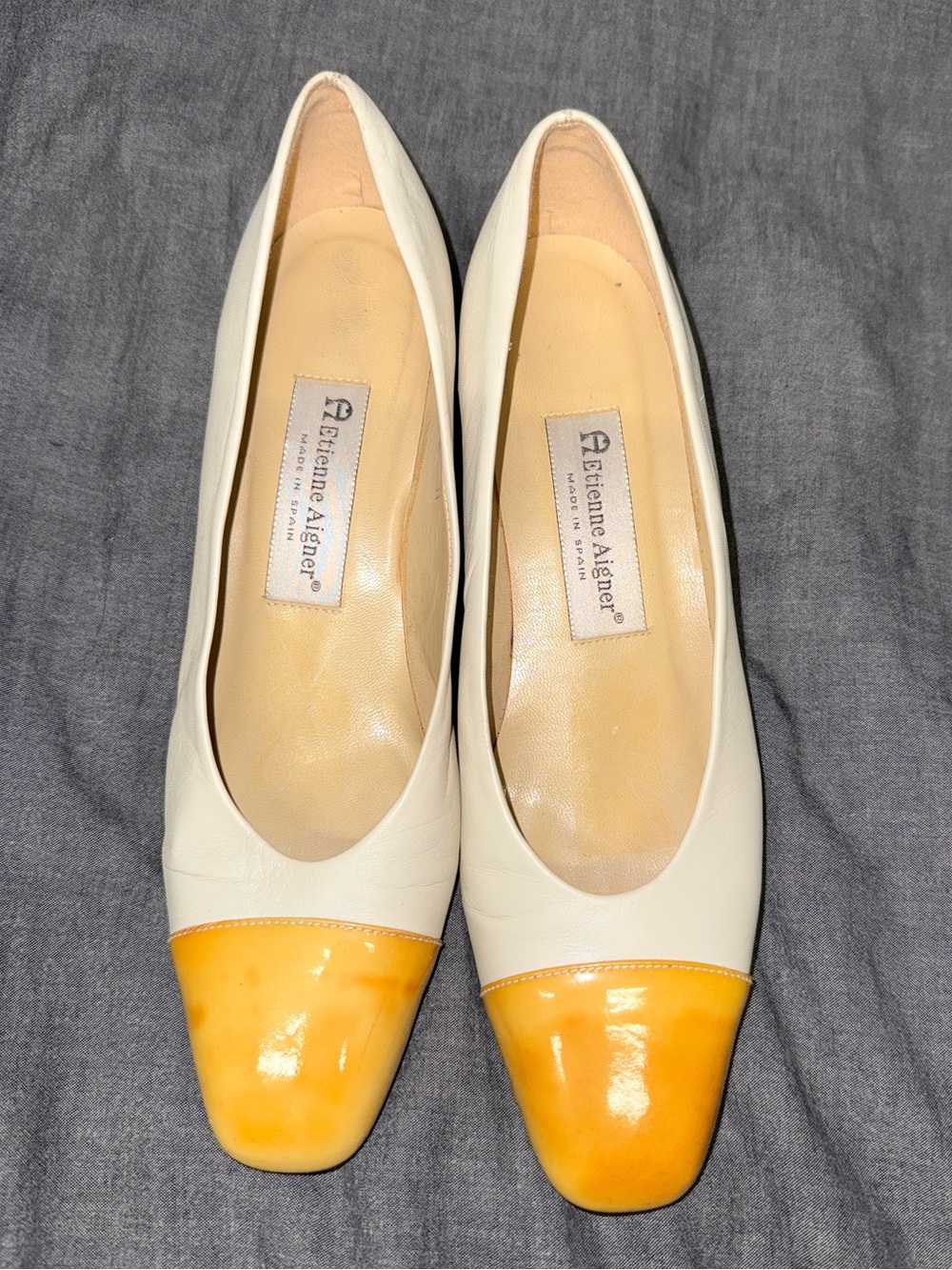 Etienne Aigner Cream Flats with Yellow Cap Toe